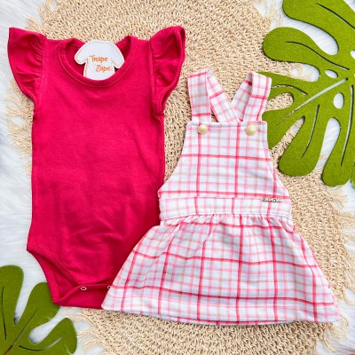 Conj. Body Manga Curta e Salopete Xadrez - Cereja